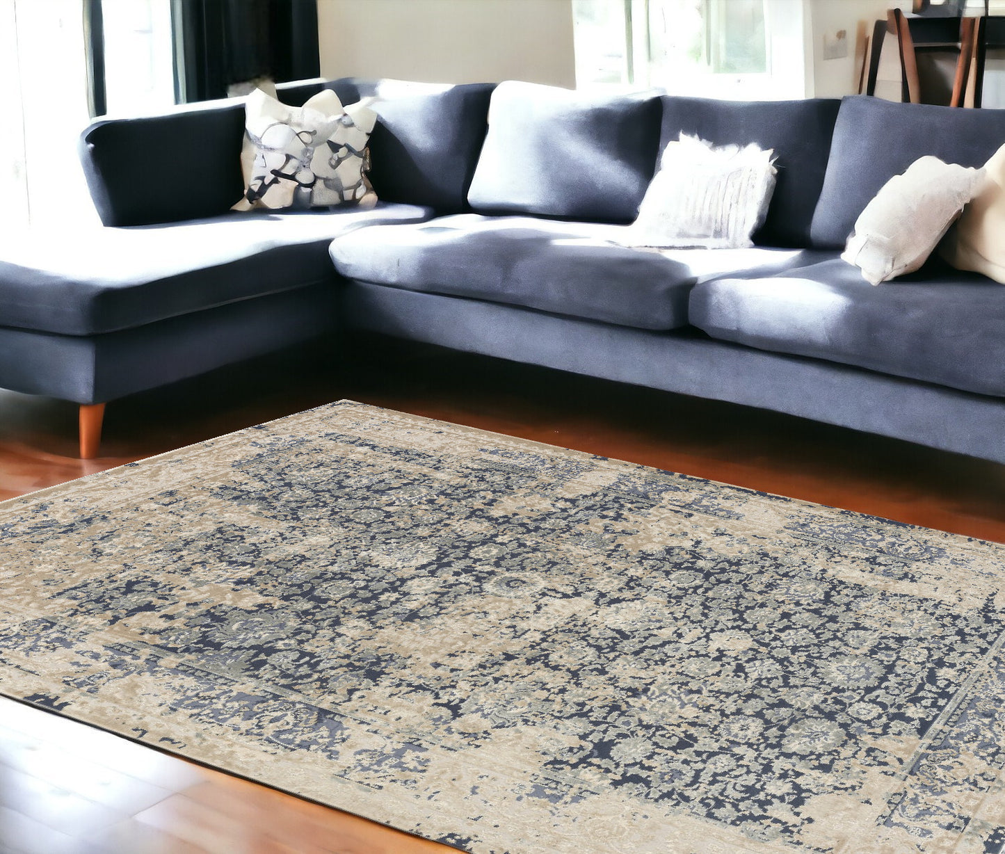 8' X 10' Gray and Ivory Floral Area Rug