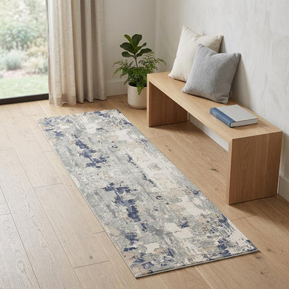 7' Blue And Beige Abstract Runner Rug