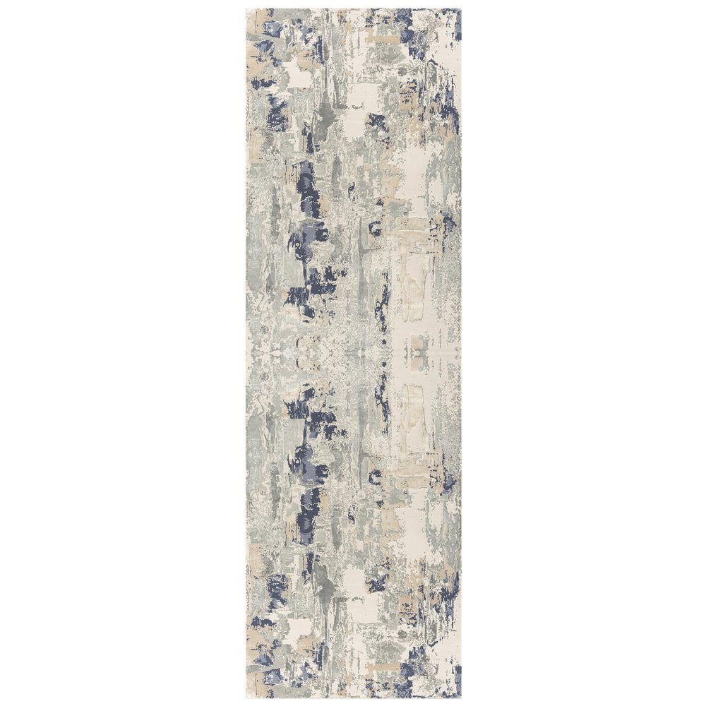 7' Blue And Beige Abstract Runner Rug