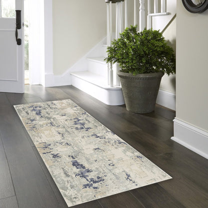 7' Blue And Beige Abstract Runner Rug