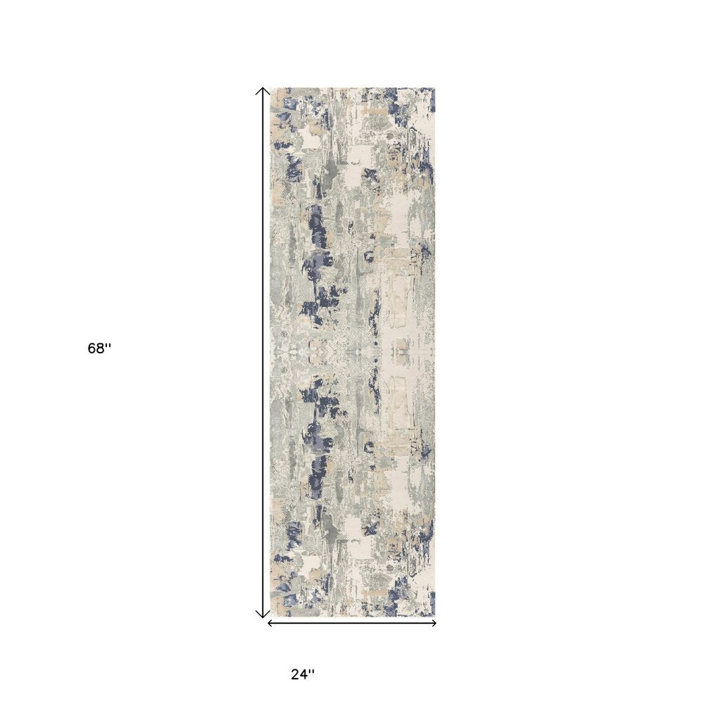 7' Blue And Beige Abstract Runner Rug