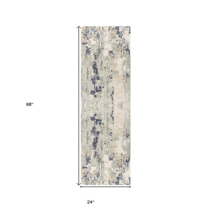 7' Blue And Beige Abstract Runner Rug
