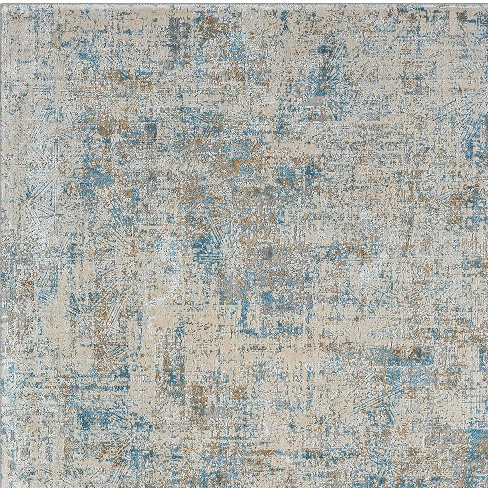 6' Blue And Ivory Abstract Runner Rug