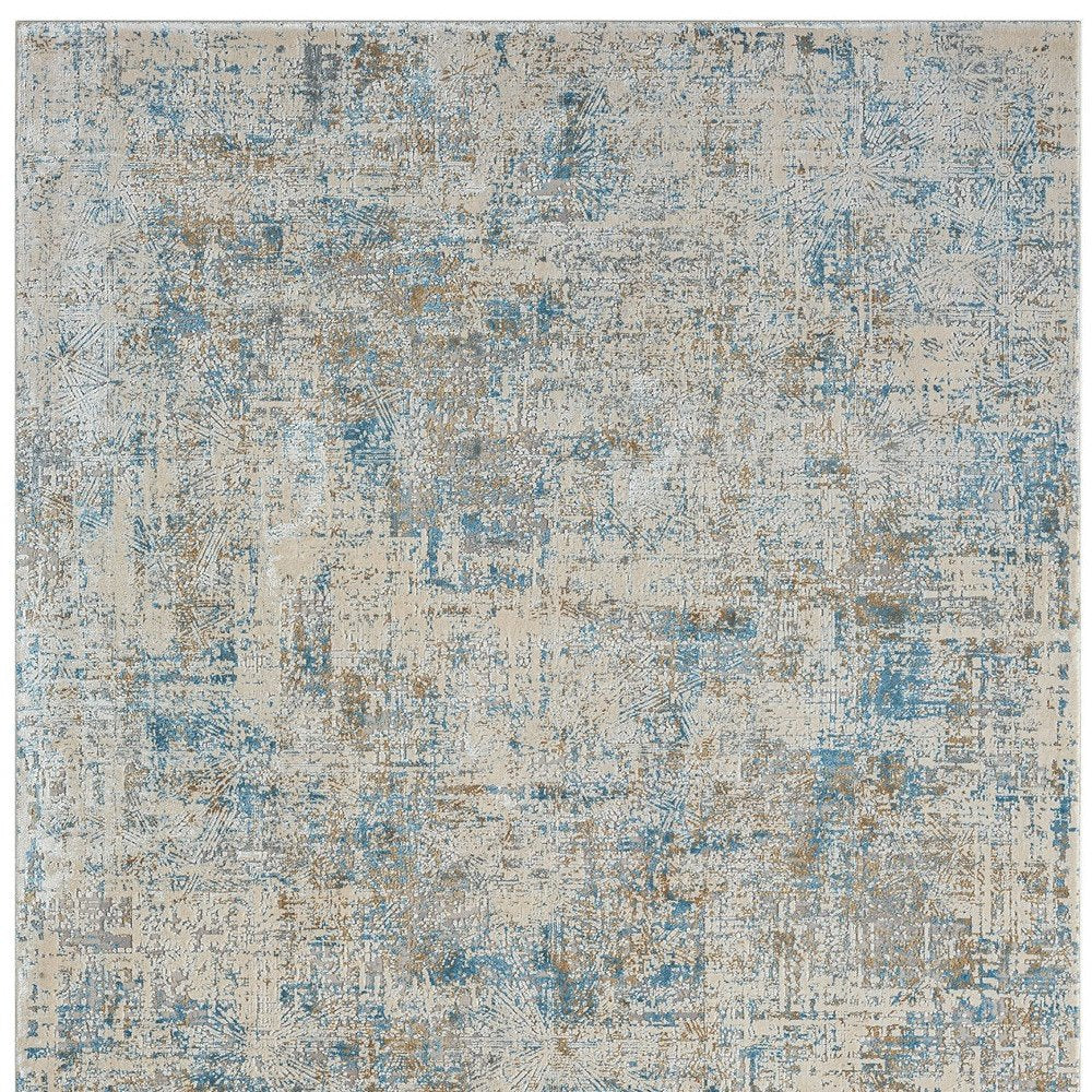 6' Blue And Ivory Abstract Runner Rug