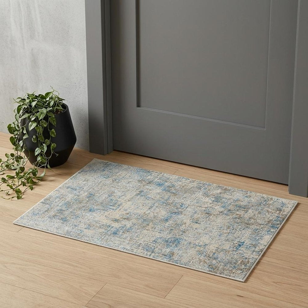 6' Blue And Ivory Abstract Runner Rug