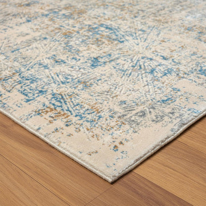 6' Blue And Ivory Abstract Runner Rug
