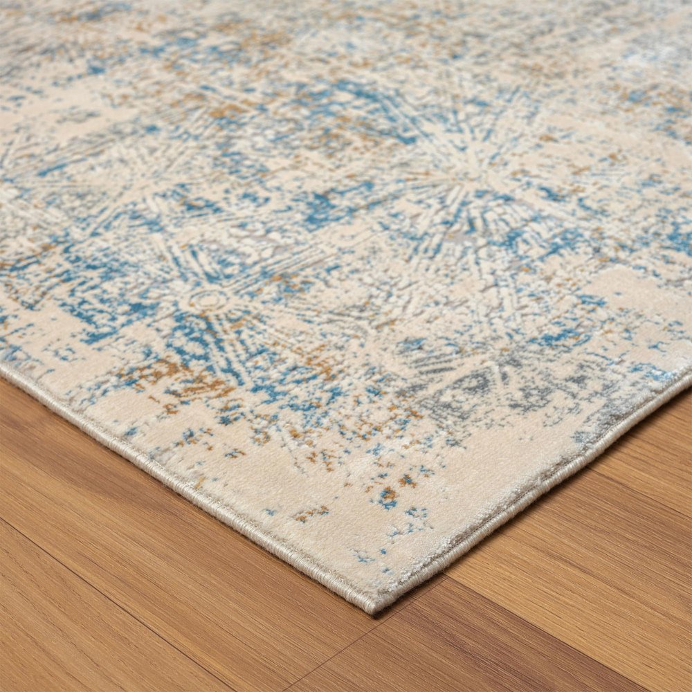 6' Blue And Ivory Abstract Runner Rug
