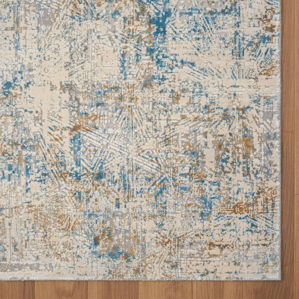 6' Blue And Ivory Abstract Runner Rug