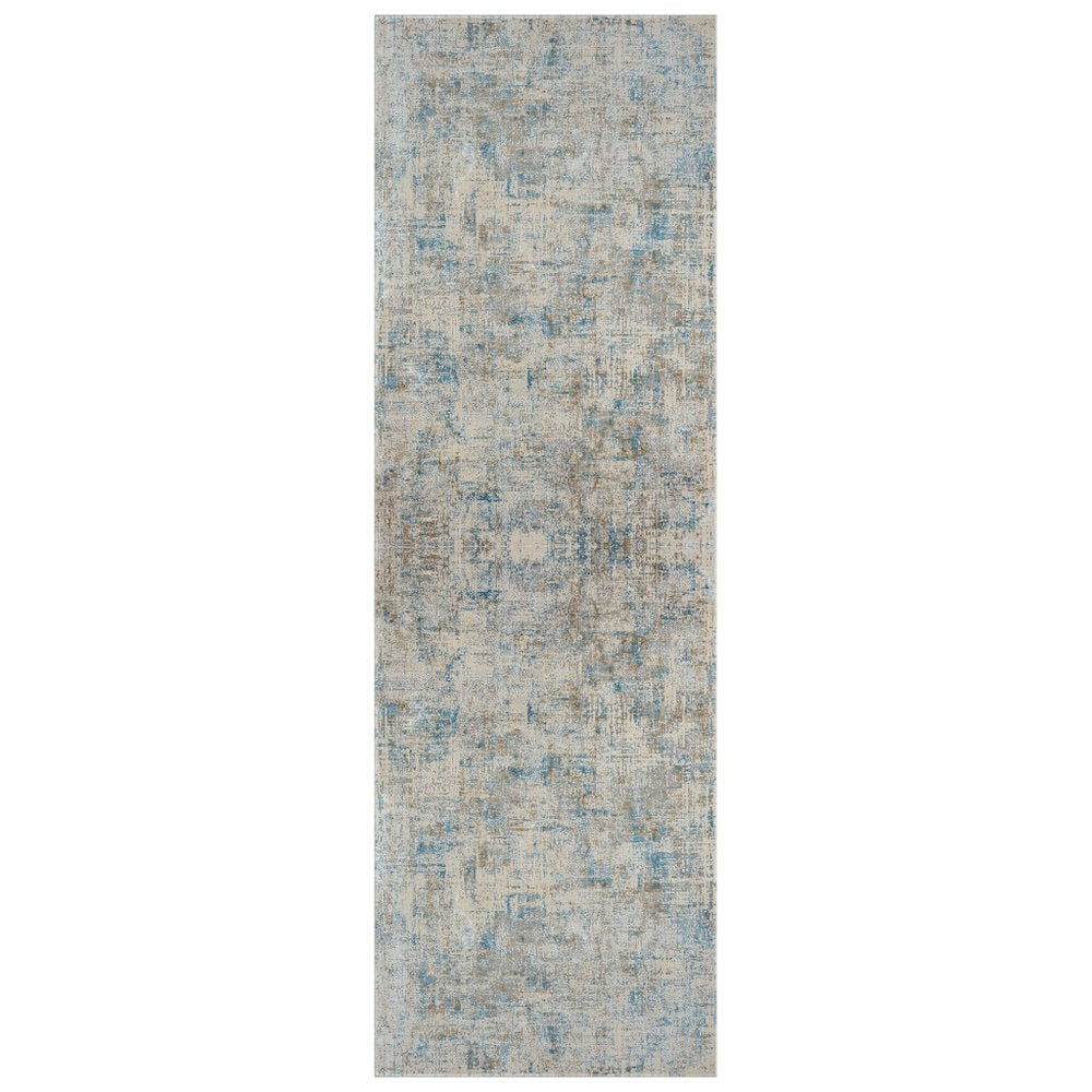 6' Blue And Ivory Abstract Runner Rug