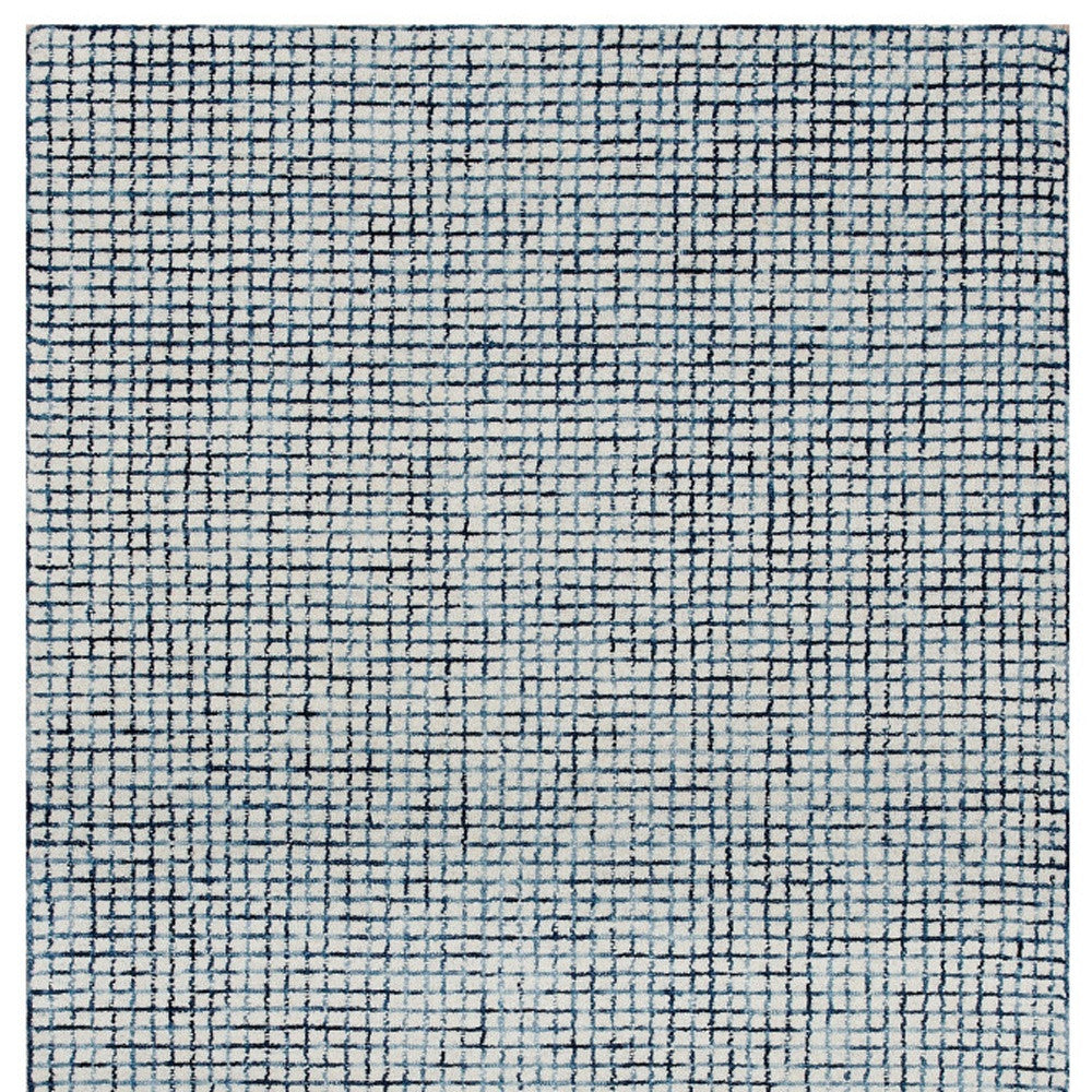 10' X 14' Blue and Ivory Wool Checkered Hand Hooked Area Rug