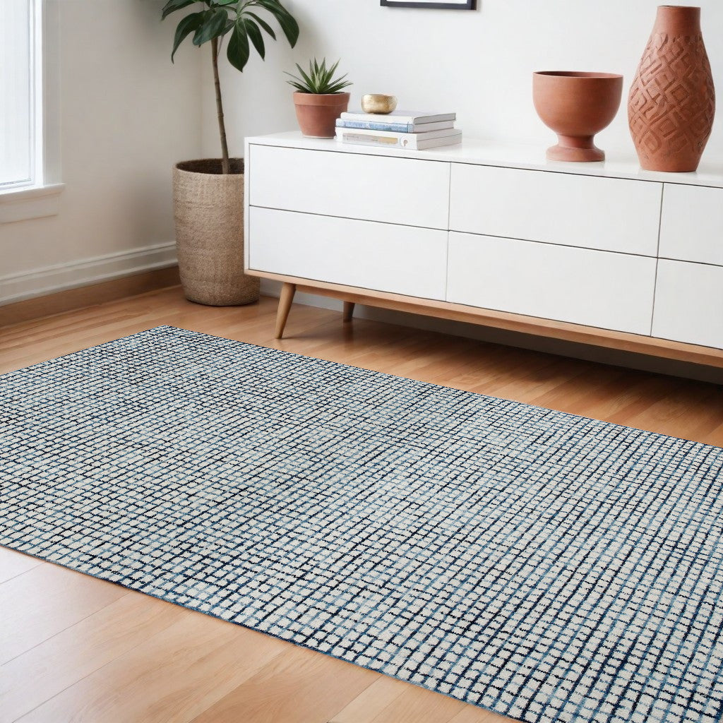 10' X 14' Blue and Ivory Wool Checkered Hand Hooked Area Rug