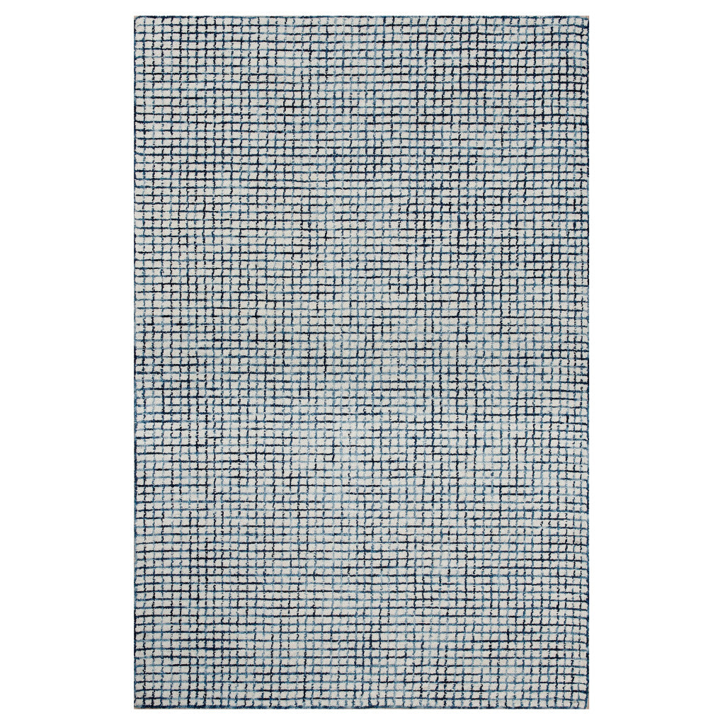 10' X 14' Blue and Ivory Wool Checkered Hand Hooked Area Rug