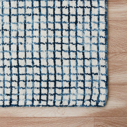 10' X 14' Blue and Ivory Wool Checkered Hand Hooked Area Rug