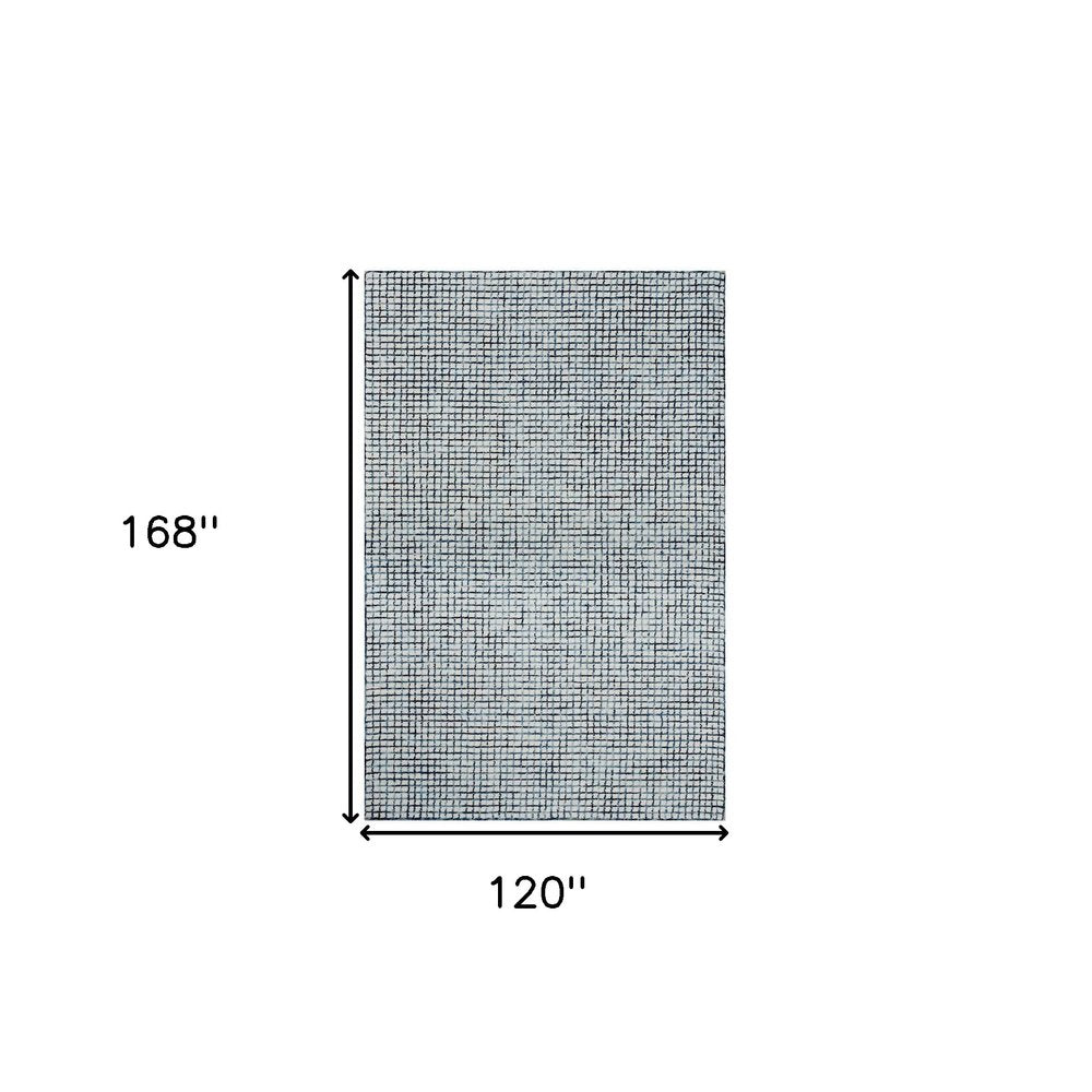 10' X 14' Blue and Ivory Wool Checkered Hand Hooked Area Rug