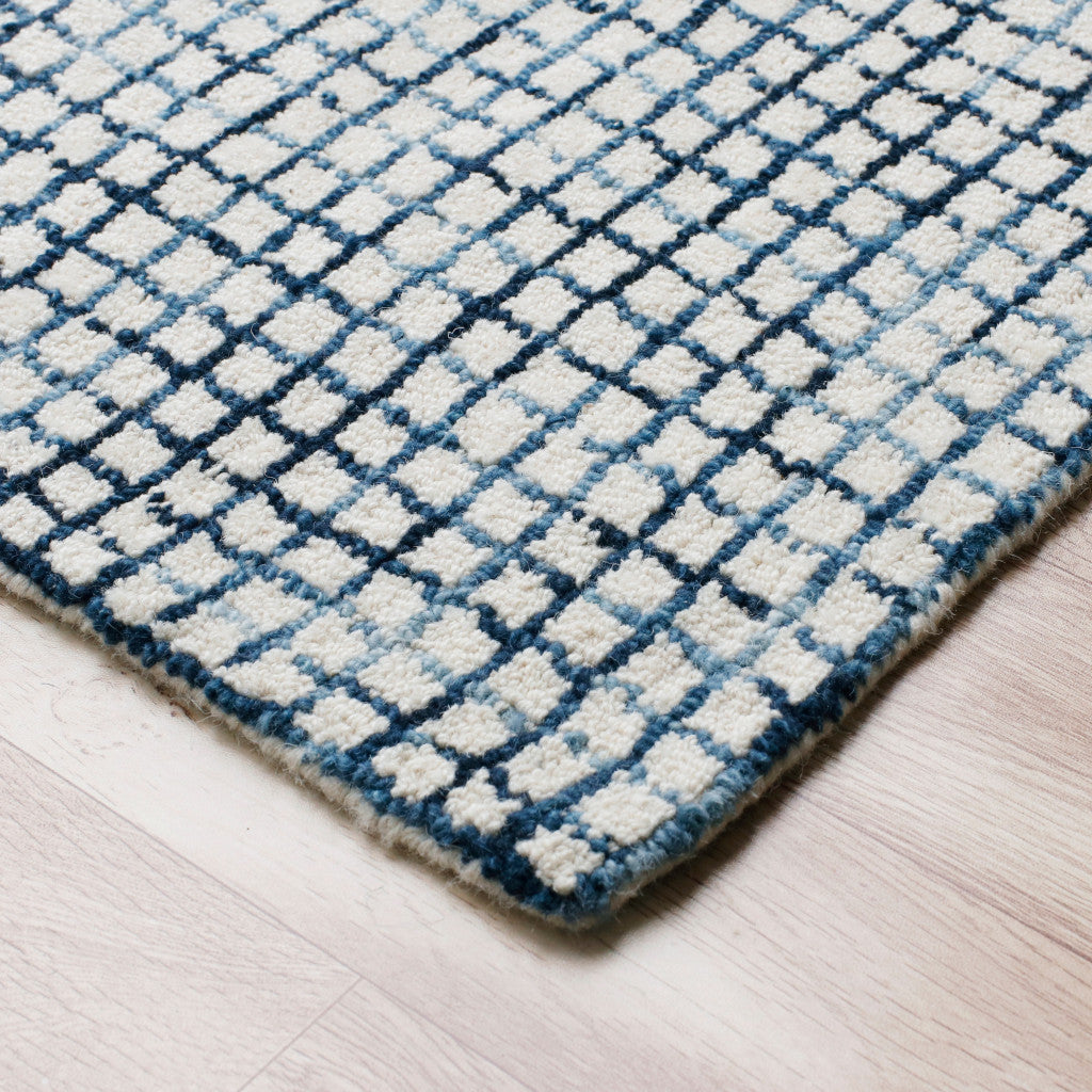 10' X 14' Blue and Ivory Wool Checkered Hand Hooked Area Rug