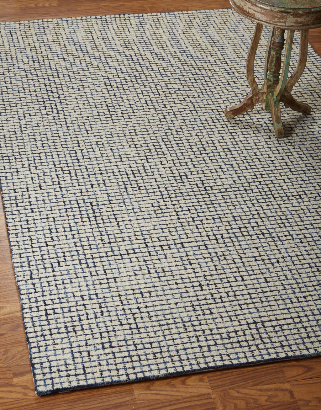 10' X 14' Blue and Ivory Wool Checkered Hand Hooked Area Rug