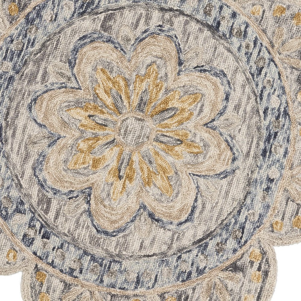 6' Beige Round Wool Floral Hand Tufted Area Rug