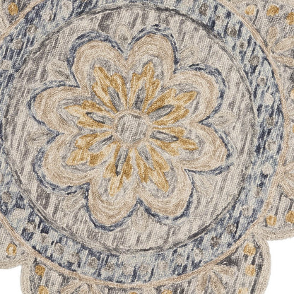 6' Beige Round Wool Floral Hand Tufted Area Rug