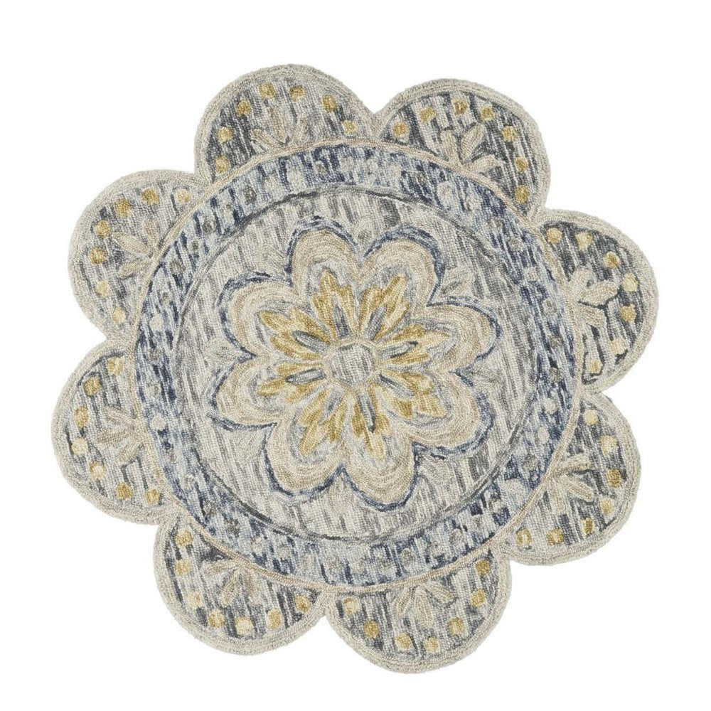 6' Beige Round Wool Floral Hand Tufted Area Rug
