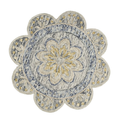 6' Beige Round Wool Floral Hand Tufted Area Rug