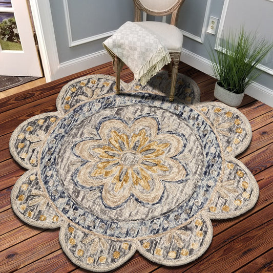6' Beige Round Wool Floral Hand Tufted Area Rug
