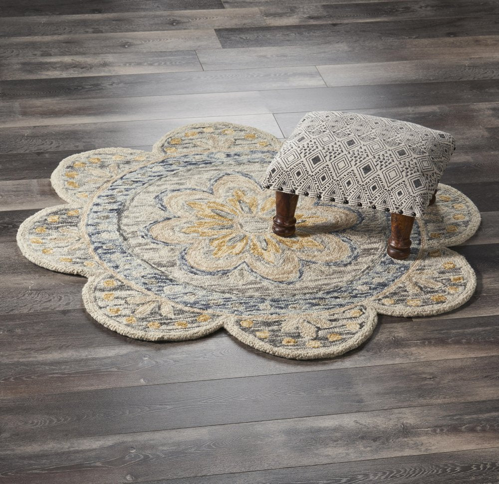 6' Beige Round Wool Floral Hand Tufted Area Rug