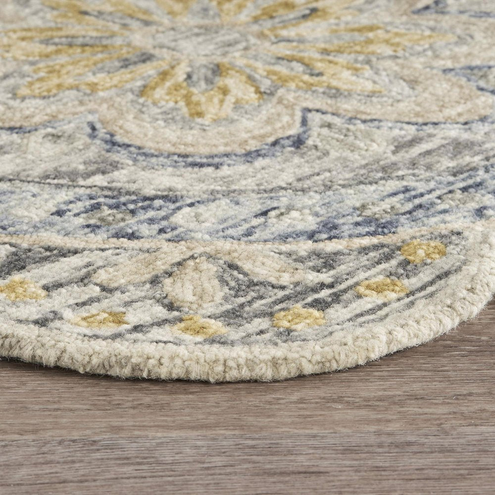 6' Beige Round Wool Floral Hand Tufted Area Rug