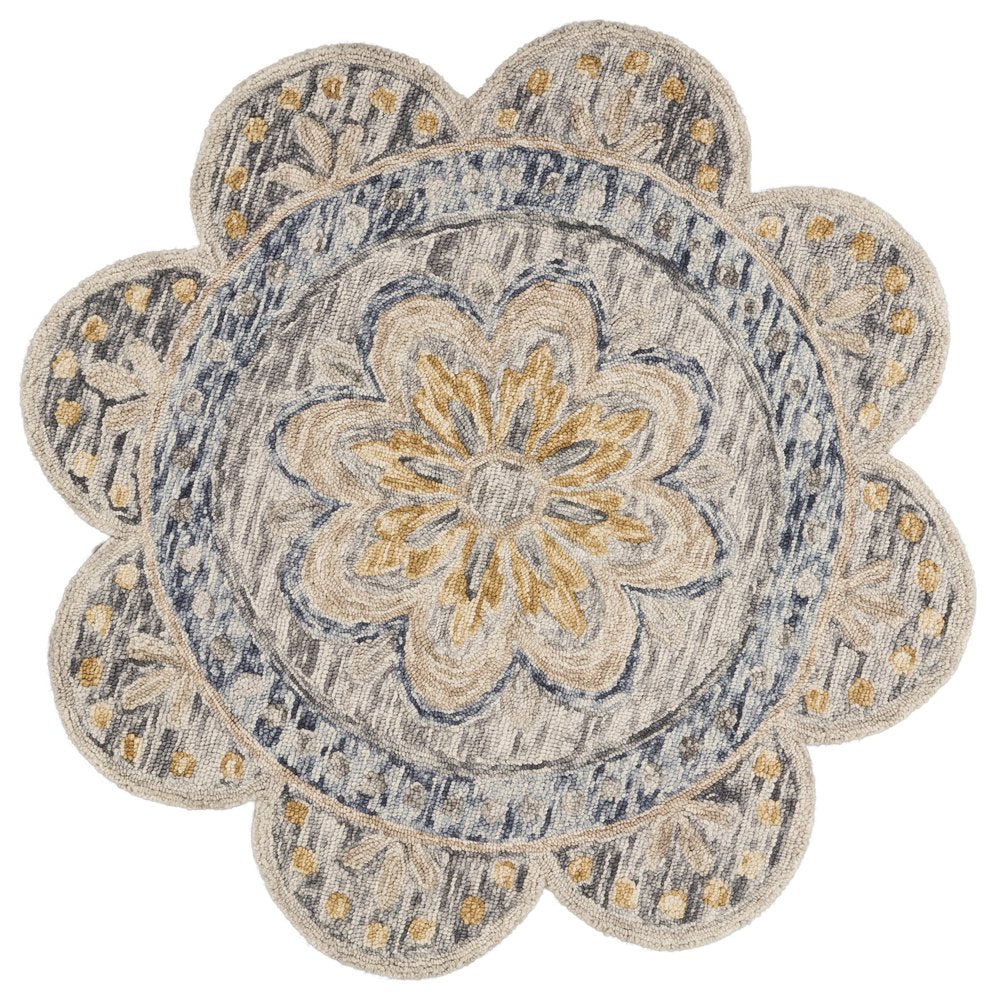 6' Beige Round Wool Floral Hand Tufted Area Rug