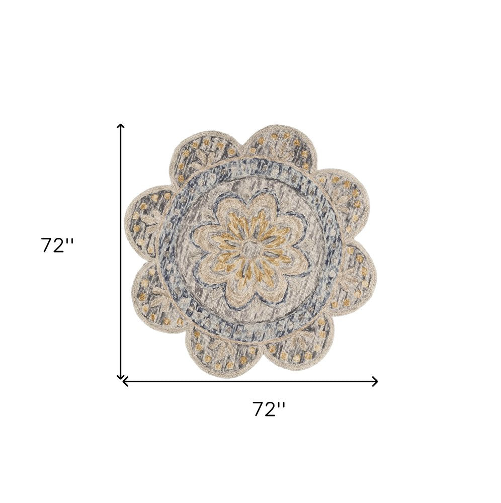 6' Beige Round Wool Floral Hand Tufted Area Rug
