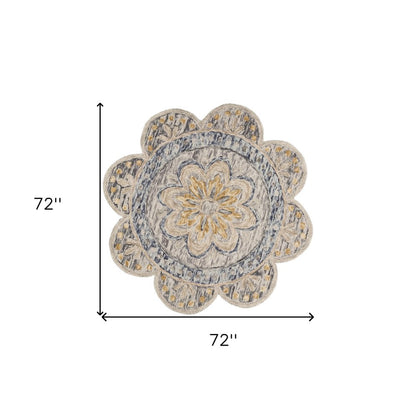 6' Beige Round Wool Floral Hand Tufted Area Rug