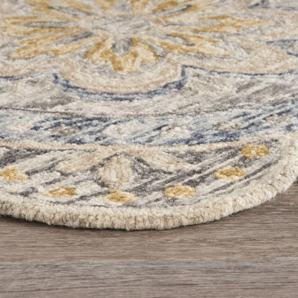 6' Beige Round Wool Floral Hand Tufted Area Rug
