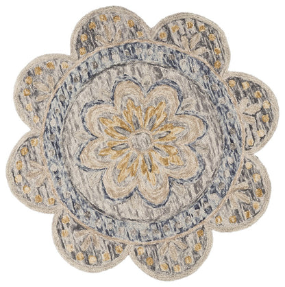 6' Beige Round Wool Floral Hand Tufted Area Rug