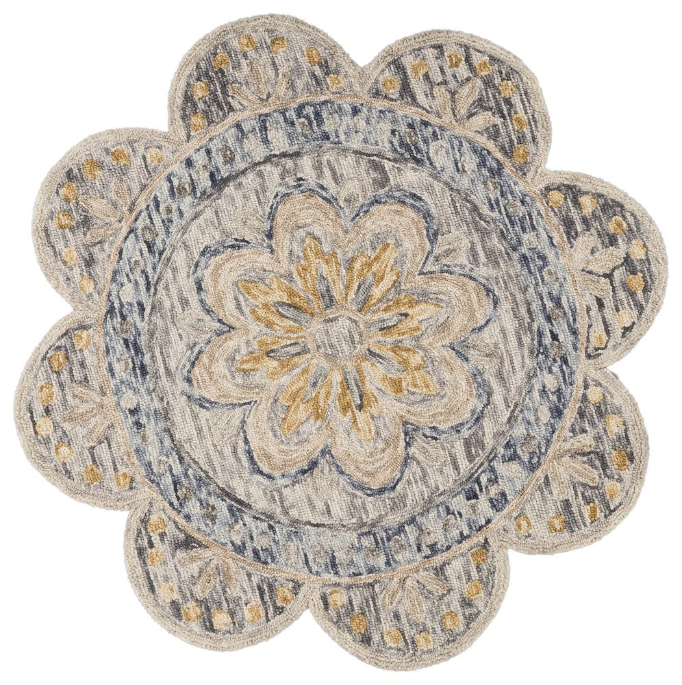 6' Beige Round Wool Floral Hand Tufted Area Rug