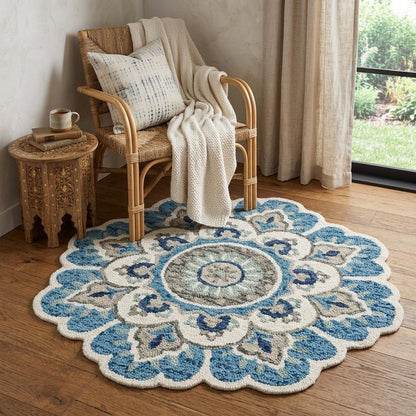 5' Blue and Ivory Round Wool Floral Hand Tufted Area Rug