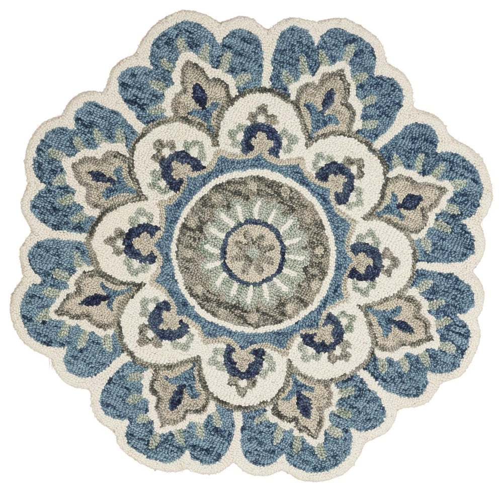 5' Blue and Ivory Round Wool Floral Hand Tufted Area Rug
