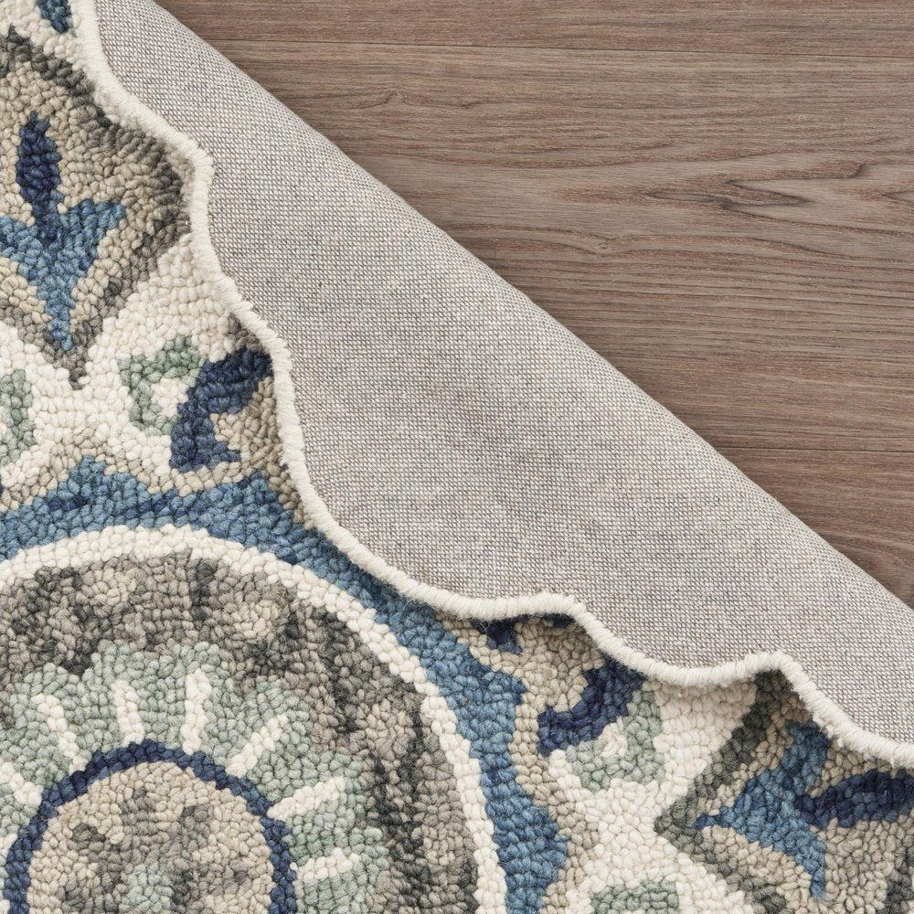 5' Blue and Ivory Round Wool Floral Hand Tufted Area Rug