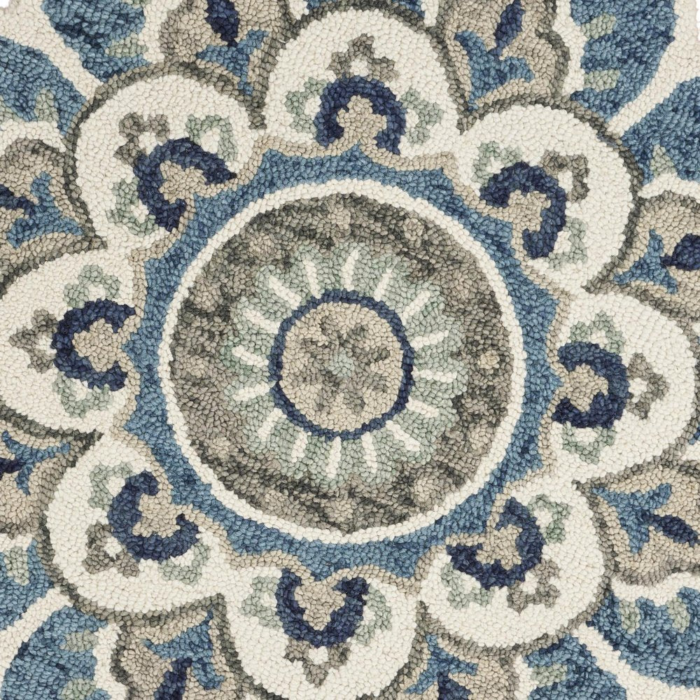 5' Blue and Ivory Round Wool Floral Hand Tufted Area Rug