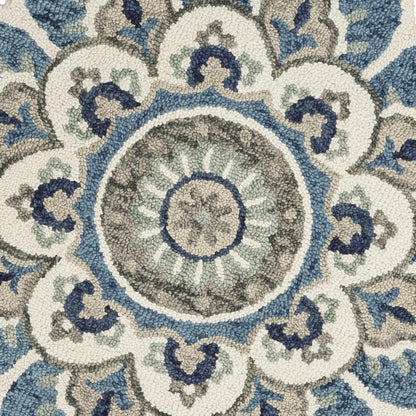 5' Blue and Ivory Round Wool Floral Hand Tufted Area Rug