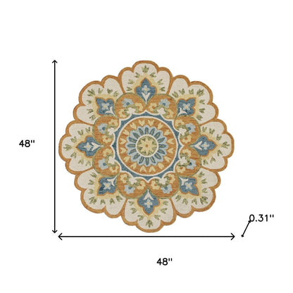 5' Blue and Ivory Round Wool Floral Hand Tufted Area Rug