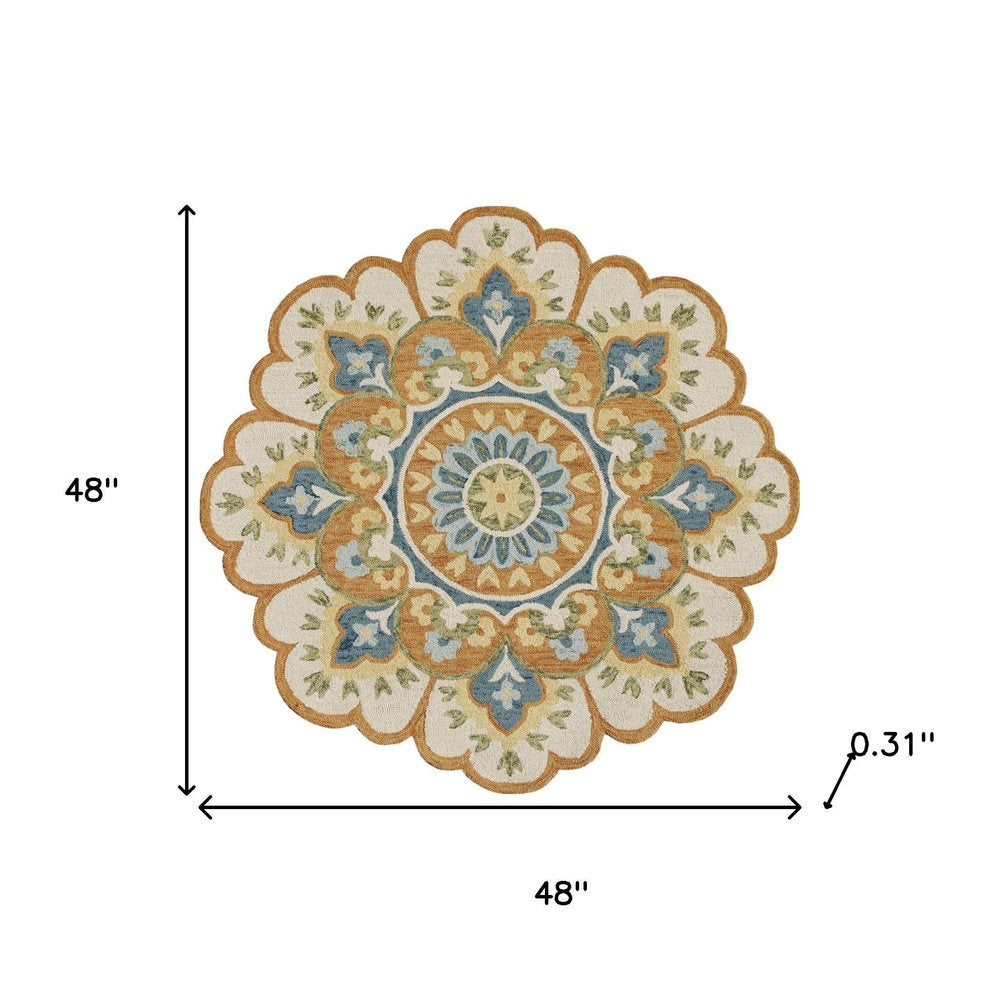 5' Blue and Ivory Round Wool Floral Hand Tufted Area Rug