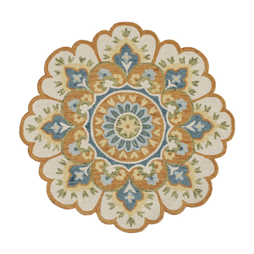 5' Blue and Ivory Round Wool Floral Hand Tufted Area Rug