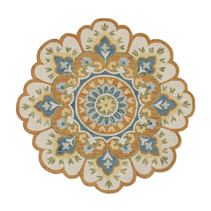 5' Blue and Ivory Round Wool Floral Hand Tufted Area Rug