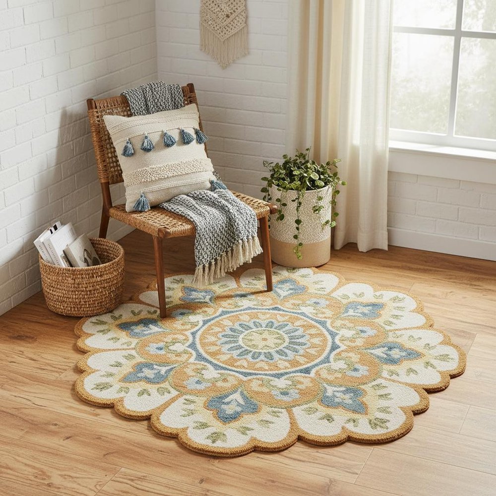 5' Blue and Ivory Round Wool Floral Hand Tufted Area Rug