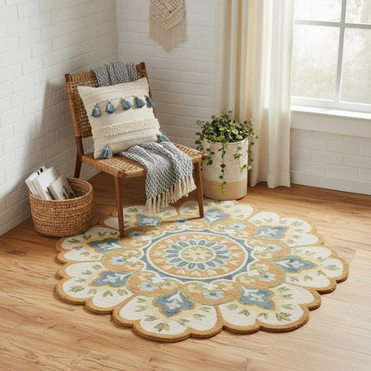 5' Blue and Ivory Round Wool Floral Hand Tufted Area Rug