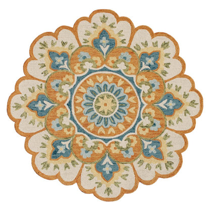 5' Blue and Ivory Round Wool Floral Hand Tufted Area Rug