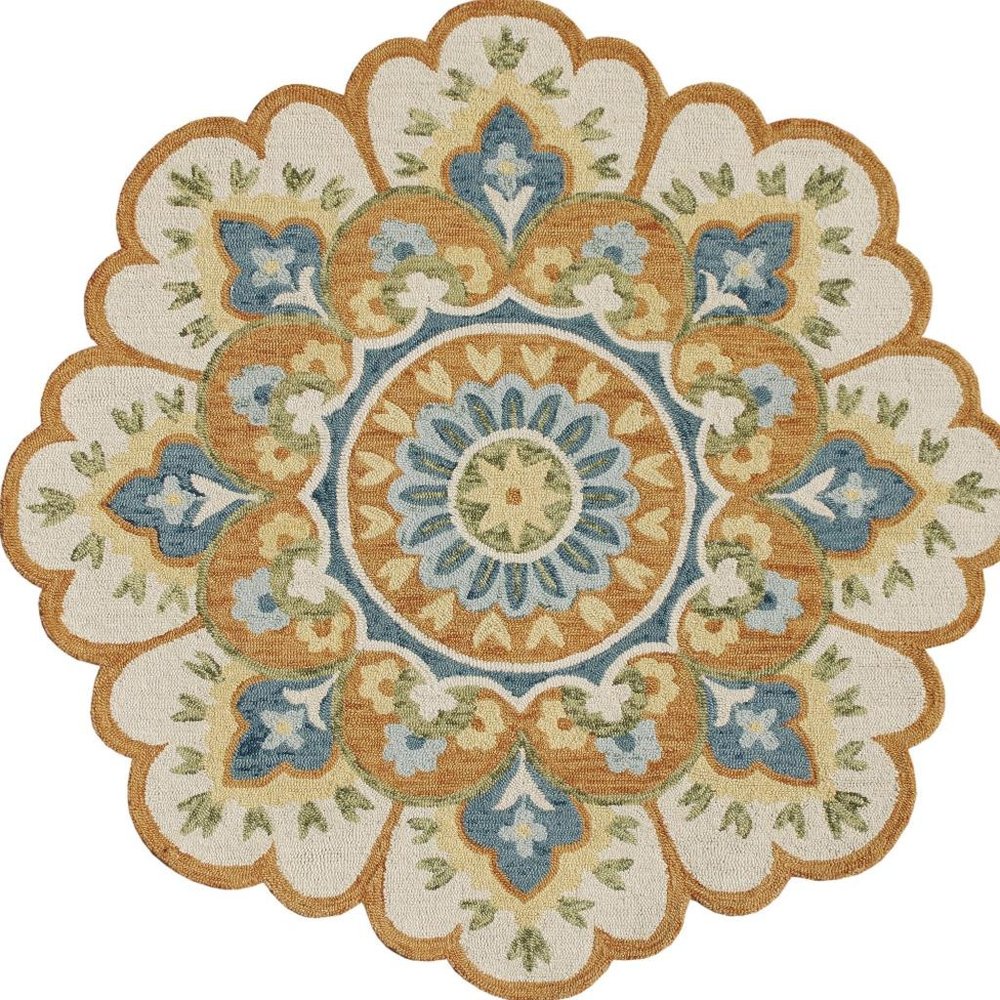 5' Blue and Ivory Round Wool Floral Hand Tufted Area Rug