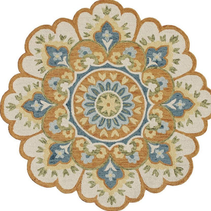 5' Blue and Ivory Round Wool Floral Hand Tufted Area Rug