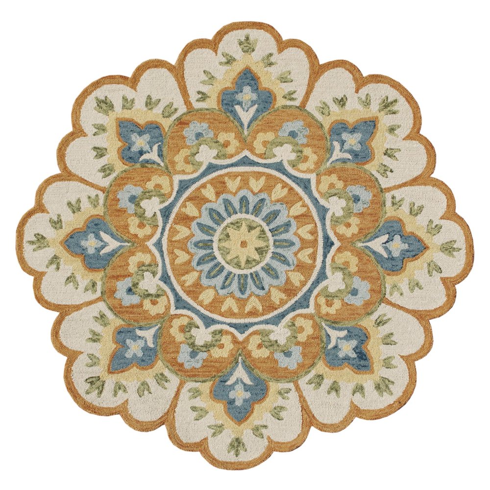 5' Blue and Ivory Round Wool Floral Hand Tufted Area Rug