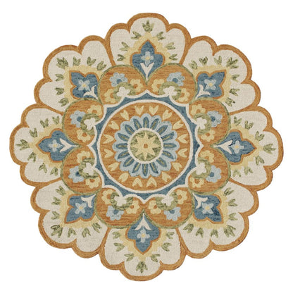 5' Blue and Ivory Round Wool Floral Hand Tufted Area Rug
