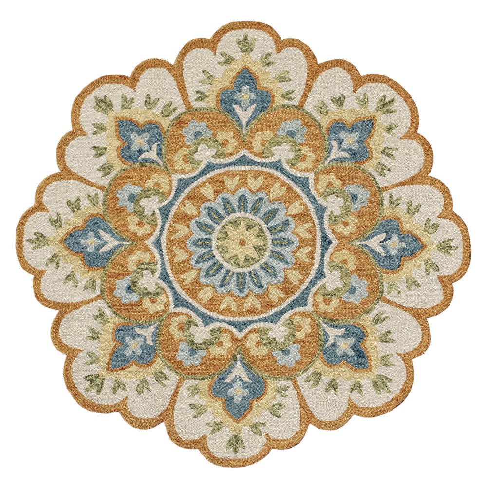 5' Blue and Ivory Round Wool Floral Hand Tufted Area Rug